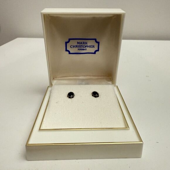Vintage Estate 12k YELLOW GOLD ONYX OVAL STUD EARRINGS Mark Christopher Hawaii - Picture 2 of 14